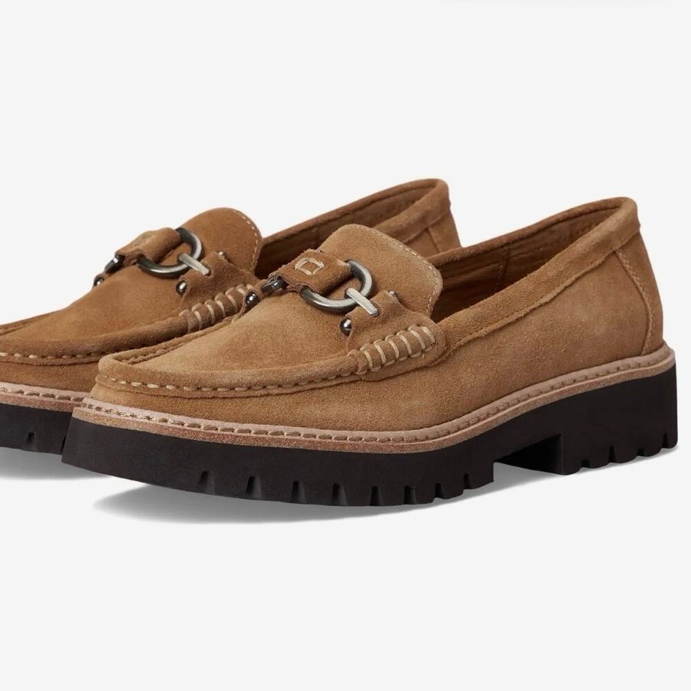 DONALD PLINER | Helio Saddle Brown Suede Leather Lug Sole Loafers Metal Bar | 11